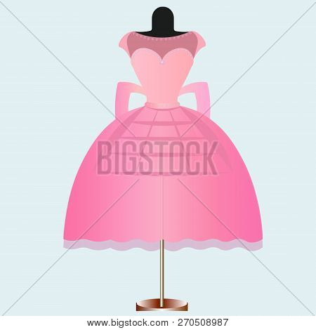 Pink Birthday Party Dress With Bow. Fashion Illustration For Invitation Card