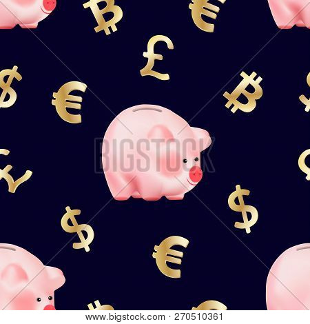 Seamless Pattern With World Currencies Dollar, Euro, Pound Sterling And Cryptocurrency Bitcoin Golde