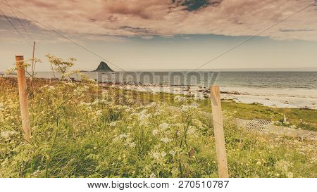 Seascape, Sea Coast With Sandy Beach And Island Bleiksoya In The Distance, Resort Bleik Andoya Norwa