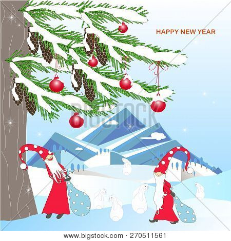 Romantic Winter Background With Green Fir Tree, Brown Cone, Mountain, Fabulous Gnomes, In White Snow