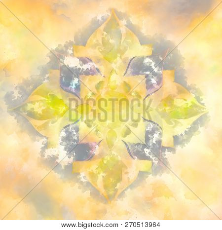 Color Ornamental Mandala And Softly Blurred Watercolor Background.