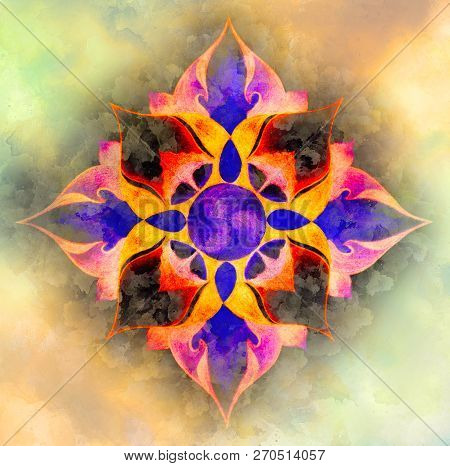 Color Ornamental Mandala And Softly Blurred Watercolor Background.