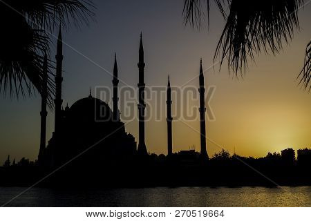 Adana / Turkey, Sabanci Central Mosque Night View. Travel Concept Photo.