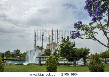 Adana / Turkey, Sabanci Central Mosque View. Travel Concept Photo.