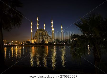 Adana / Turkey, Sabanci Central Mosque Night View. Travel Concept Photo.