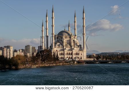 Adana / Turkey, Sabanci Central Mosque View. Travel Concept Photo.