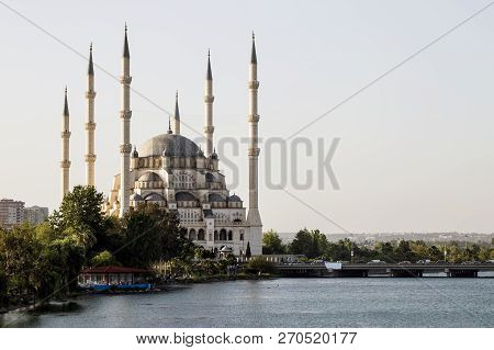 Adana / Turkey, Sabanci Central Mosque View. Travel Concept Photo.