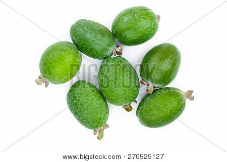 Tropical Fruit Feijoa Acca Sellowiana Isolated On White Background. Top View. Flat Lay Pattern