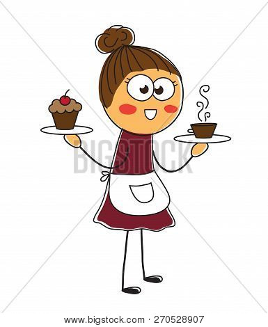 Girl With Coffee And Steam. Pretty Waitress. Illustration.