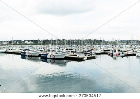Morgat, France 29 May 2018 Panoramic Outdoor View Of Sete Marina Many Small Boats And Yachts Aligned