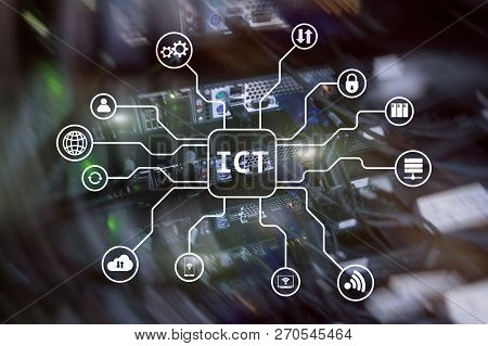 Ict - Information And Communications Technology Concept On Server Room Background.