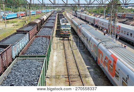 Goriachiy Kluch, Krasnodar Region, Russia - July, 2013: Freight Railroad Cars Of Coal. Inbound Freig