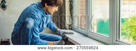 Man In A Blue Shirt Does Window Installation Banner, Long Format