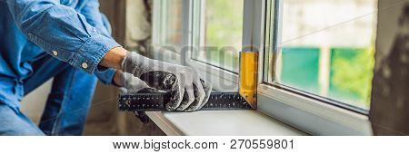 Man In A Blue Shirt Does Window Installation Banner, Long Format