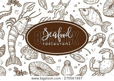 Seafood Restaurant Sketch Poster For Menu Or Tablemat Template.