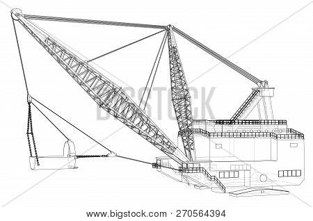 Dragline Walking Excavator. Vector Rendering Of 3d. Wire-frame Style. The Layers Of Visible And Invi