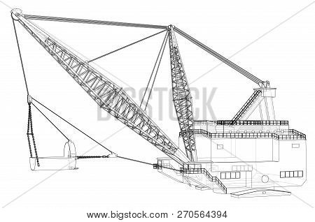 Dragline Walking Excavator. Vector Rendering Of 3d. Wire-frame Style. The Layers Of Visible And Invi