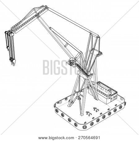 Floating Crane. Vector Rendering Of 3d. Wire-frame Style. The Layers Of Visible And Invisible Lines 