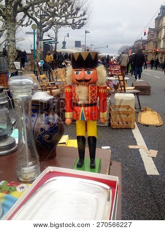 Frankfurt Oder, Germany - January 20, 2018: The Nutcracker At The Street Fair Of Antiques In The Cit