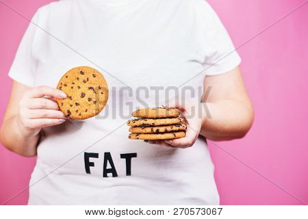 Overeating, Diet, Glutton, Sugar Addiction, Diabetes, Junk Food. Fat Obese Woman With Stack Of Choco