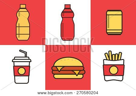 Fast Food Snacks And Drinks Flat Vector Icons. Fastfood Icons. Snack Bag Vector Food