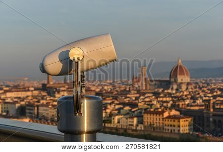 Amazing Viewpoint With Coin Binoculars In Florence, Italy. Binoculars Overlooking Florence Bird View