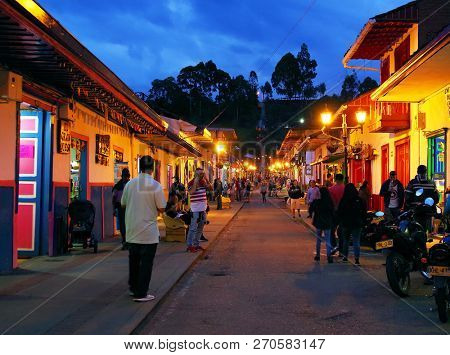 SALENTO, COLOMBIA, AUGUST 17, 2018: Street scene in Salento, Colombia, South America