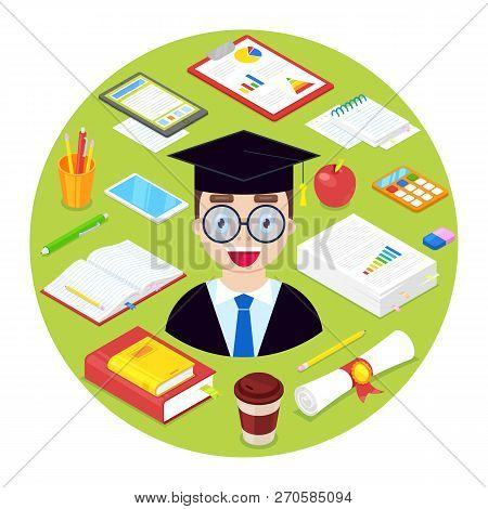 Student Boy And Stationary On Green Background.vector Illustration.