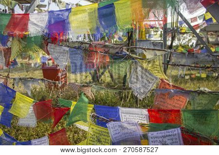 Pokhara/nepal - 27.10.2018: Tibetan Buddhist Colored Prayer Flags On Barbed Wire. Tibet Will Be Free