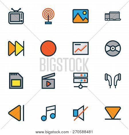 Music Icons Colored Line Set With Clapperboard, Media Server, Record And Other Turntable Elements. I
