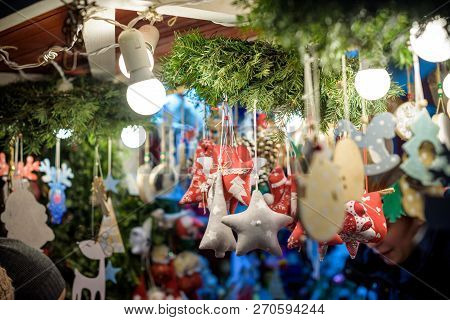 Christmas Decoration For Sale On Advent Market. Decorative Miniature City Houses.