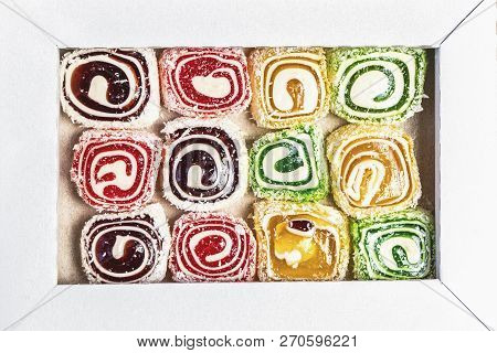 Sweet Candies In The Box. Cezerye Or Lokum. Tasty Background Texture. Candy Texture.