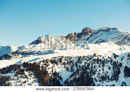 Ski Slope In Courchevel Ski Resort, Alps Mountains, France. Beautiful Winter Landscape