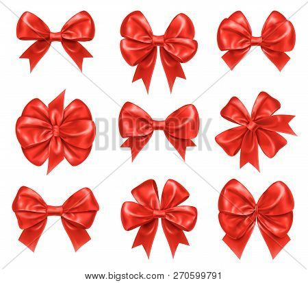 Bow Knots For New Year And Christmas Gift Decorations. Set Of Isolated Knotted Favor Or Favour Ribbo