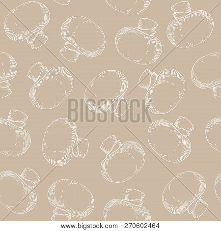 Seamless Pattern With White Contours Of Whole Champignon Mushrooms On Beige Background