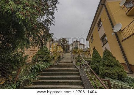 Houses In Luhacovice Spa Town In Autumn Hot Dark Morning