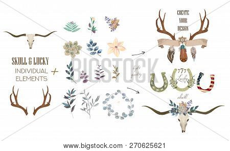 Bohemian Watercolor Western Mystical Bull Skull, Print Rose Flowers. Deer Bohemian Head, Western Vin