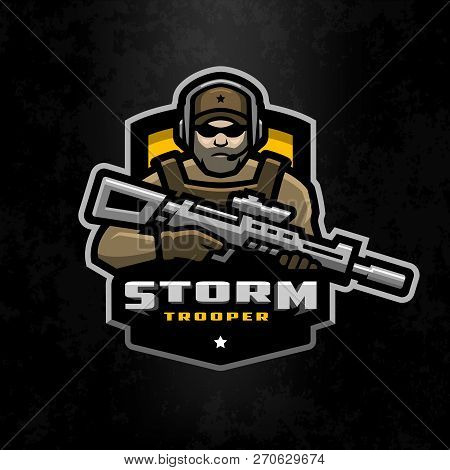 Storm Trooper Mascot, Logo Desing On A Dark Background.