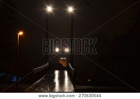 Night View Of The Footbridge Over The Vltava River In Ceske Budejovice Near The Budvar Arena On The 