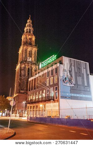 Groningen, October 10 2018. Night Shot Of The Vindicat Fraternaty Building, With The Martini Tower I