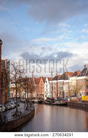 Scenic Impression Of The A River In The City Of Groningen, Showing The Traditional Houses Along The 