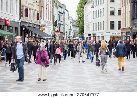 Copenhagen, Denmark - July 1, 2017: People On Main Pedestrian And Shopping Street Called Stroget In 