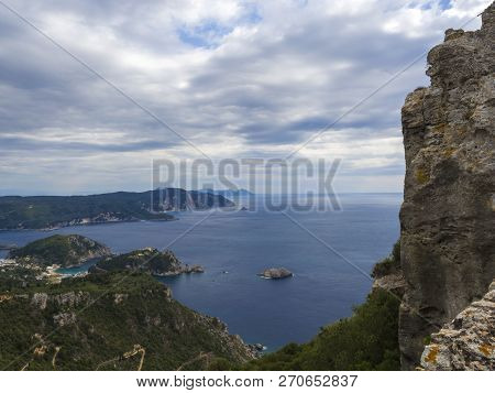 View Of The Paleokastritsa Bay And Monastery From The View Point In The Mediavel Castle Angelokastro