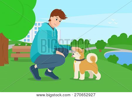 Man With A Dog For A Walk In The Park. Guy Stroking Akita Puppy. Vector Illustation