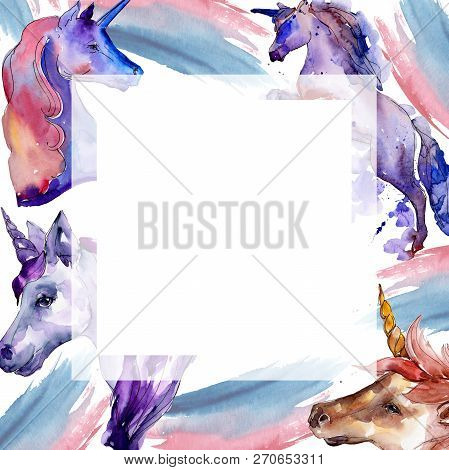 Cute Unicorn Horse. Fairytale Children Sweet Dream. Watercolor Background. Frame Border Ornament Squ