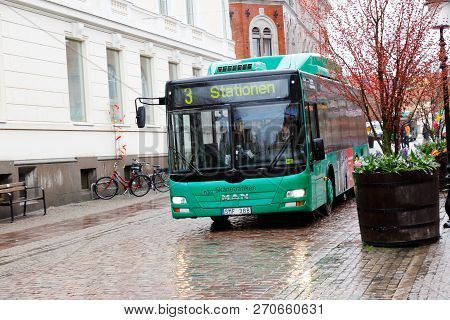 Ystad, Sweden - April 15, 2017: One Green City Bus Operating Public Transportation Line 3 For The Sk