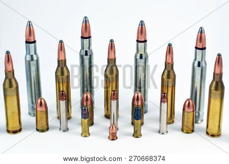 Different Size And Caliber Ammunition For Handguns And Rifles