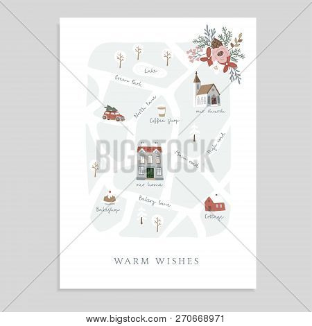 Cute Christmas Greeting Card, Invitation With Map Of Town. Hand Drawn Streets, Church, Houses And Ca