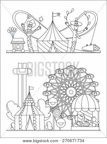 Amusement Park, Urban Landscape With Carousels, Roller Coaster And Air Balloon Coloring Book Page. C