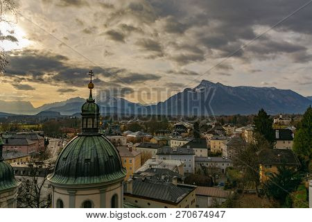 Aerial View Of Back Of Salzburg Towards The Mountains